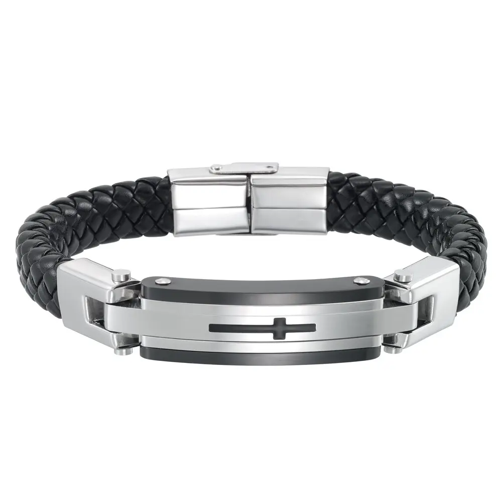 

by Focus Men Cross Bracelet in Genuine Black Leather and Brilliant White Stainless Steel, 8.5"