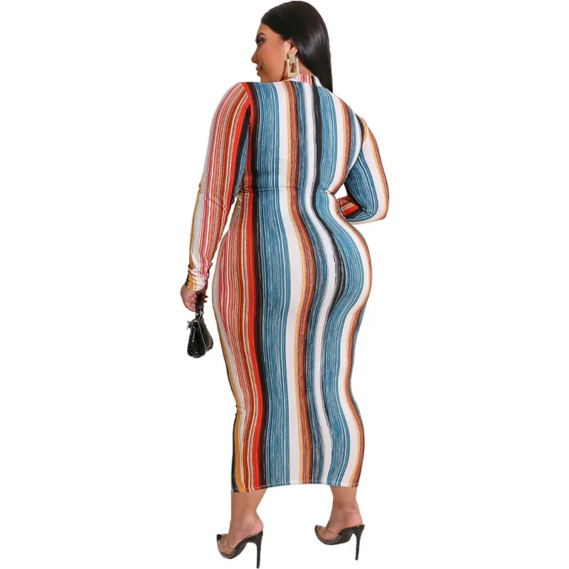 Plus Size Women Elegant Dresses Fashion Colorful Stripes Tight Straps Dress Casual Commute Large Size Female Long Sleeve Dresses