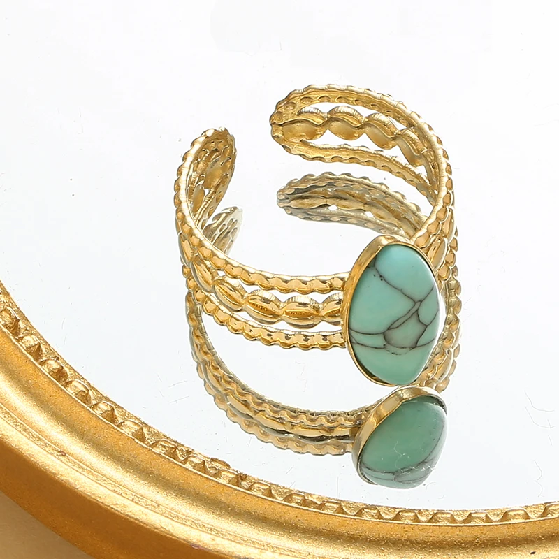 

Vintage Hollow Stainless Steel Turquoise Ring For Women Luxury Adjustable Natural Stone Multilayer Open Ring Party Jewelry Gifts
