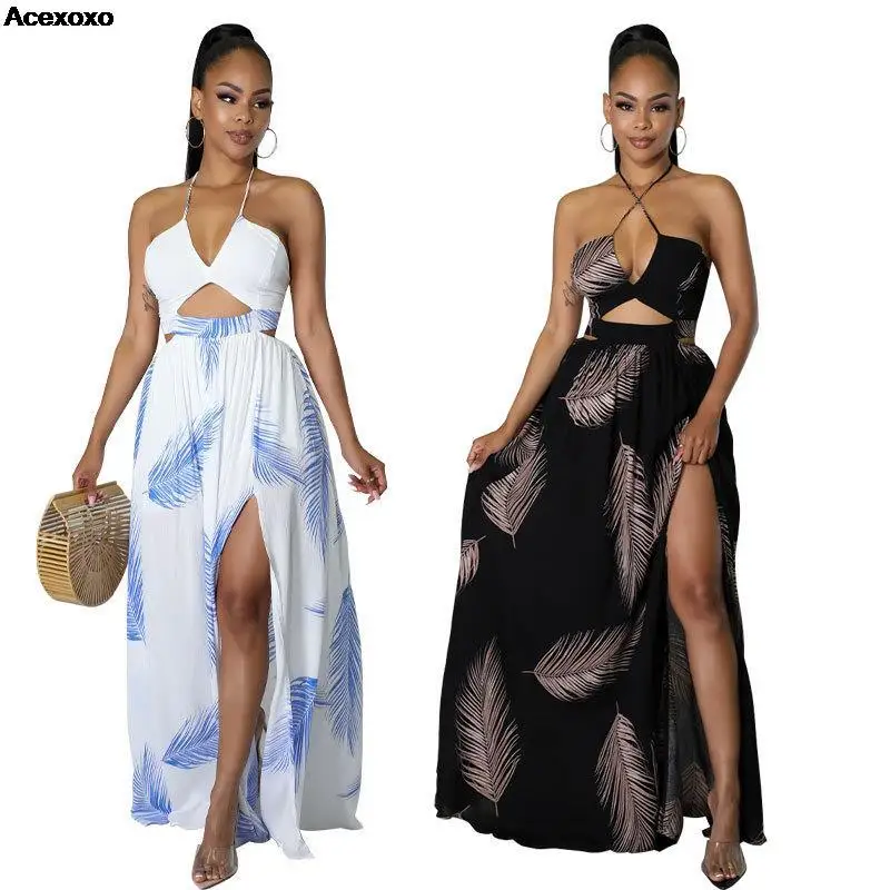 

Summer new women's fashion casual temperament French shoulder strap V-neck waist hanging neck hollow floral skirt