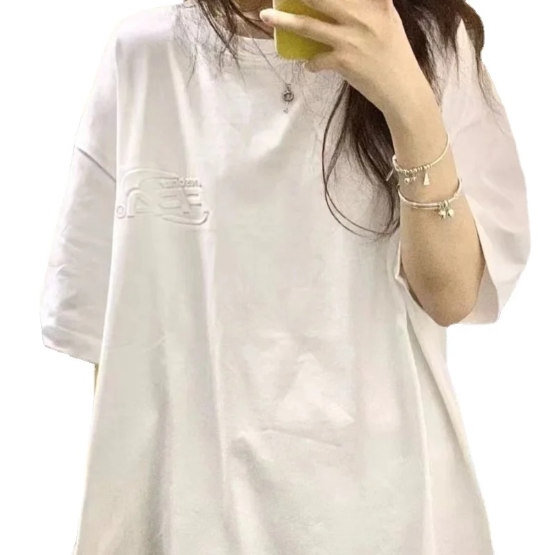

100% Cotton Fashion Letter Embossed Short Sleeve T-shirt Female Students Loose White All-Match Half Sleeve Top Clothes Summer