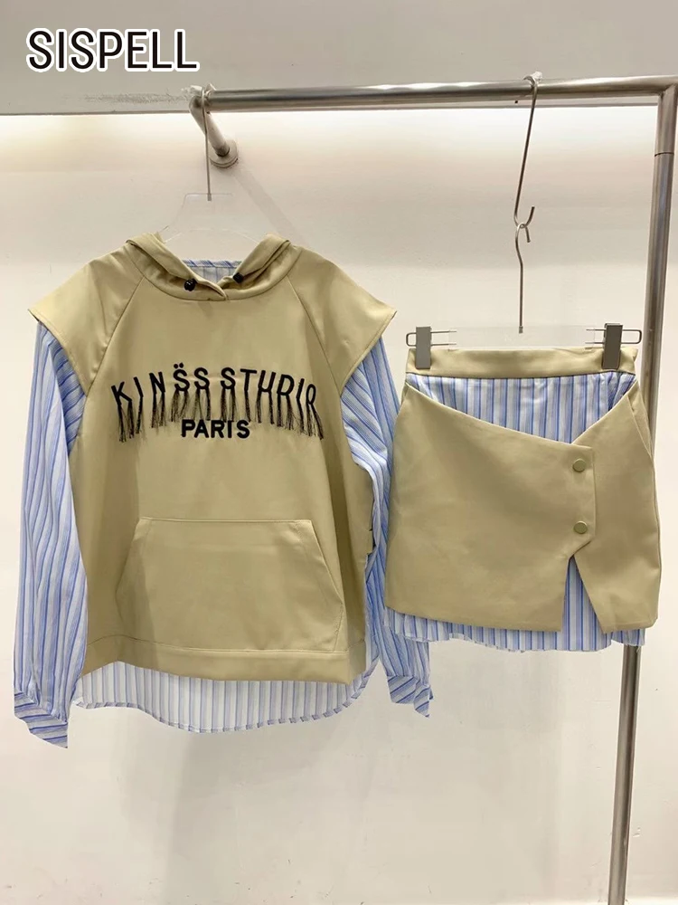 

SISPELL Patchwork Striped Two Piece Set Womens Hooded Collar Long Sleeve Sweatshirt High Waist Mini Skirts Female Sets Fashion
