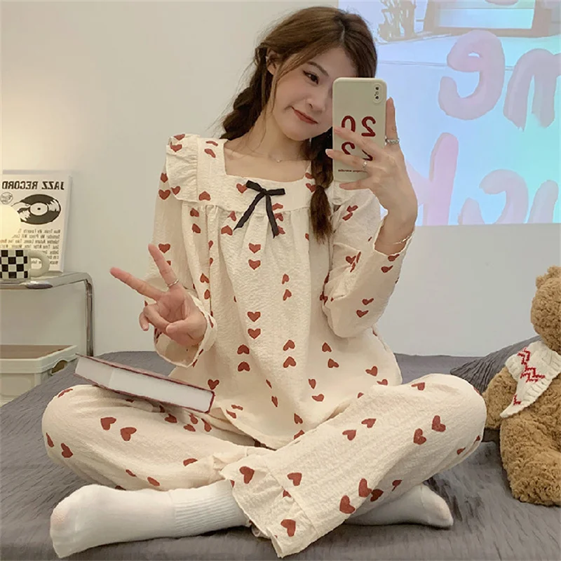 Autumn Pyjamas Homewear Cartoon Pajamas Set Women Princess Sweet Print Full-Sleeve O-Neck Cotton Pyjamas Clothes Big Size