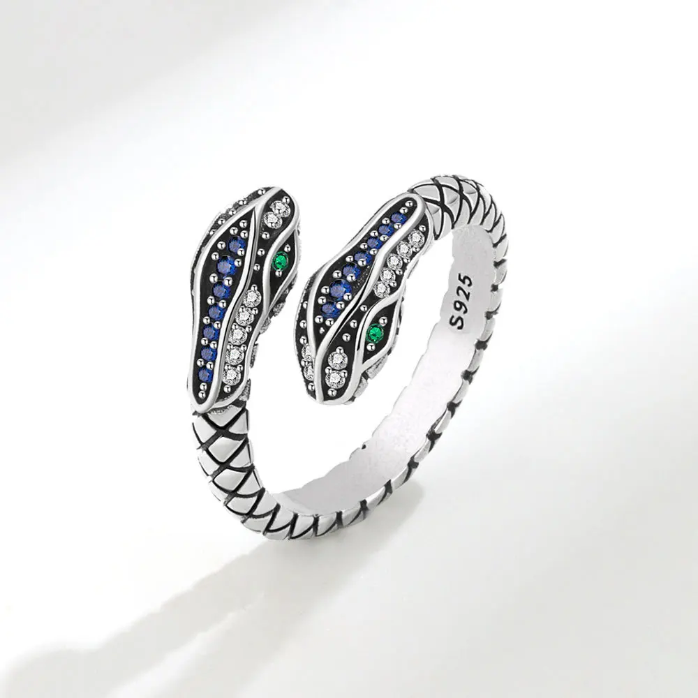 

New Arrival Vintage Two Headed Snake Design Crystal Thai Silver Ladies Party Ring Jewelry For Women Gift No Fade Cheap