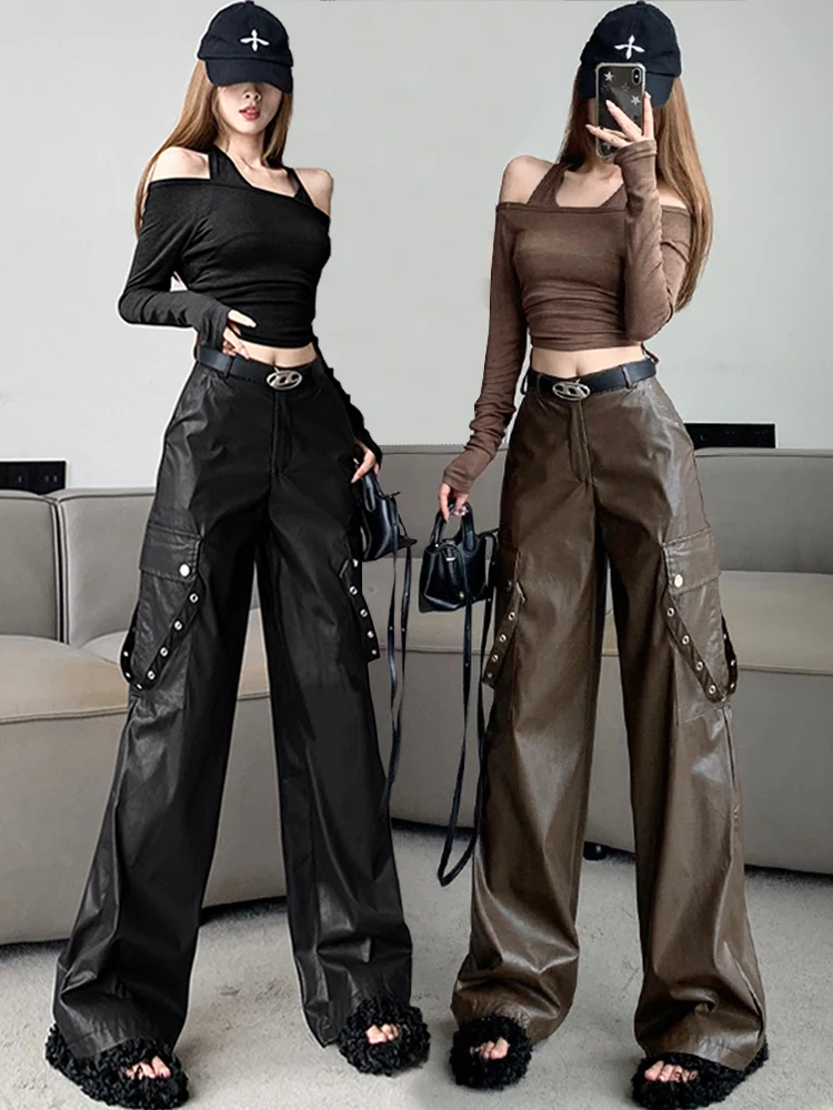 

Однотонные кожаные широкие брюки с рюшами для женщин, свободные минималистичные прямые брюки с высокой талией, женская модная одежда