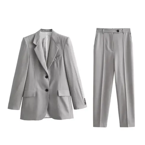 Maxdutti французские винтажные элегантные комплекты из двух предметов женские Костюмные брюки набор серые свободные блейзеры куртка в стиле бойфренда повседневные брюки