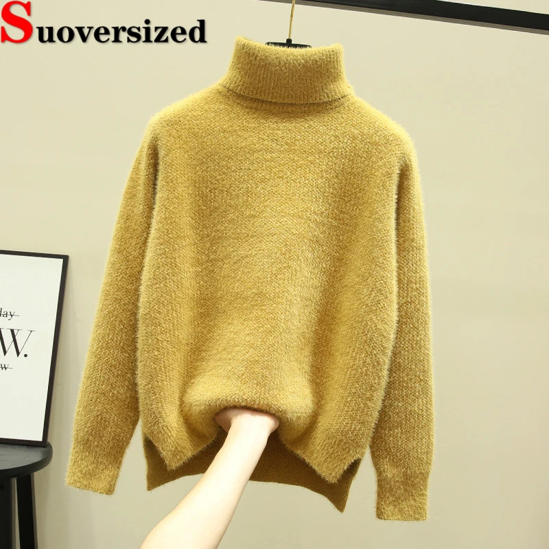 

Imitation Mink Velvet Turtleneck Sweater Fall Winter Thick Knitted Sueter Casual Soft Bottomed Tops Warm Long Sleeve Pullover
