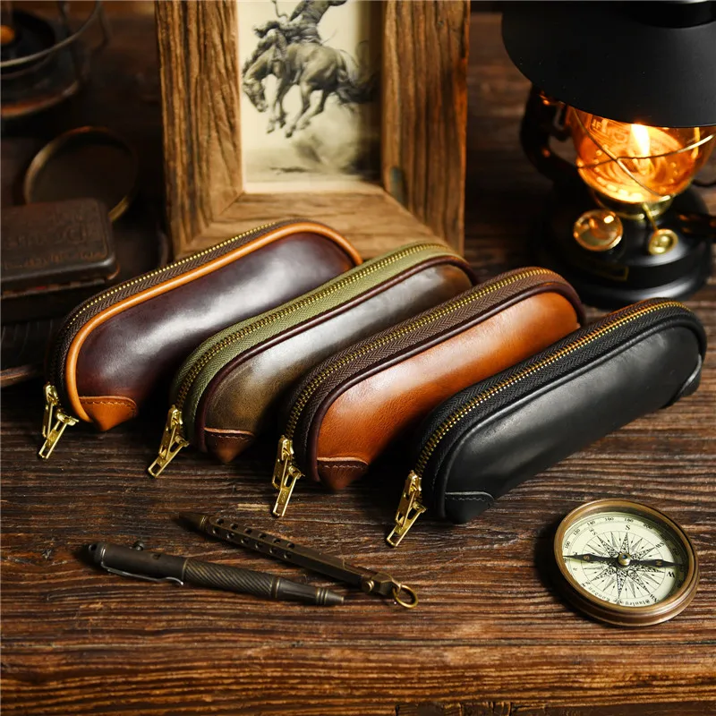 Simple vintage high quality natural genuine leather men women trumpet clutch bag pen bag luxury real cowhide ladies cosmetic bag