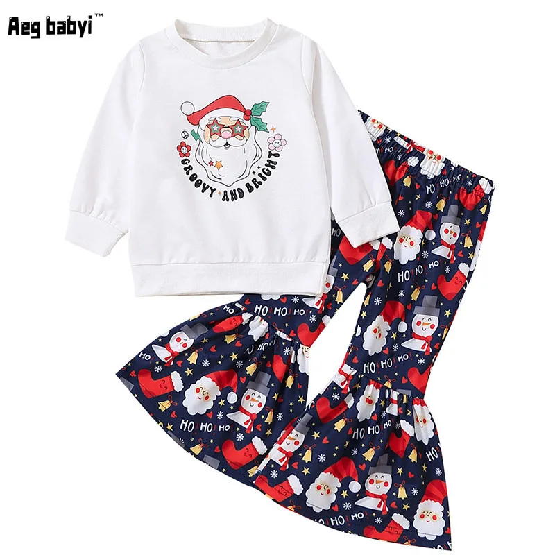

Комплект одежды для маленьких девочек, толстовка с длинным рукавом и принтом Санта-Клауса + расклешенные брюки, детское платье для новогодвечерние, рождественские костюмы, 2 шт.