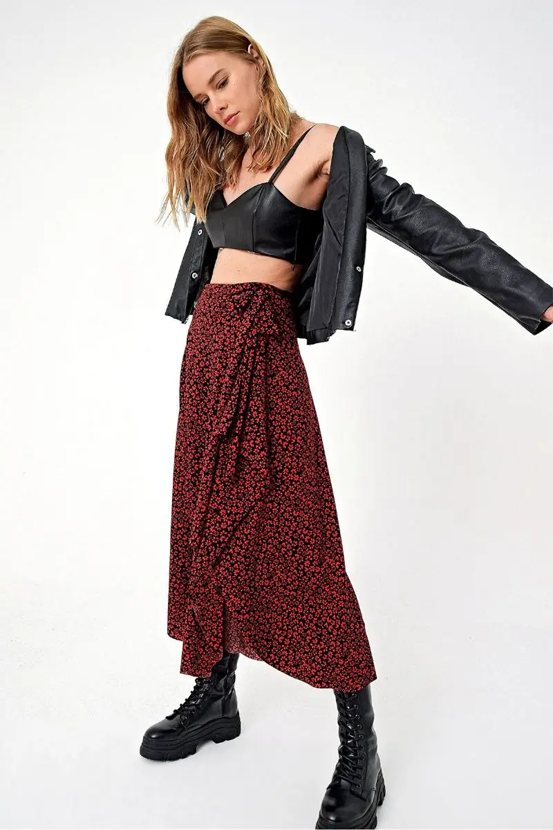 

Trend Way Collection women red asymmetrical cut waist tied skirt ALC-X5001