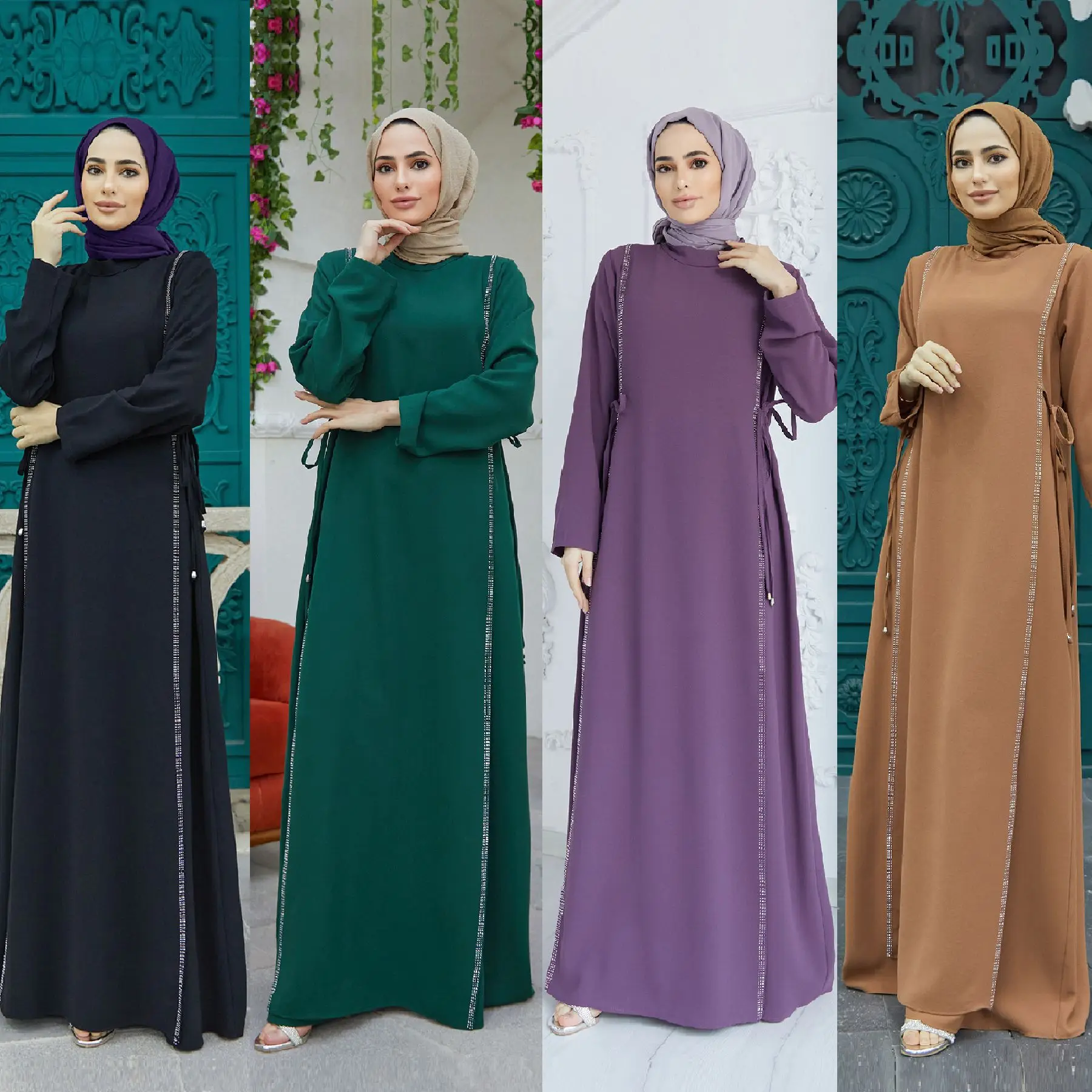 Muslim Fashion Middle Eastern Robe Diamond Spliced Waist Hijab Dress Abaya Dress Islamic Clothing for Women Abayas for Women