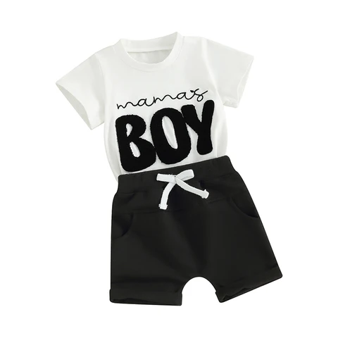 Одежда для маленьких мальчиков, летняя одежда для малышей, футболка с вышивкой и коротким рукавом, топ, эластичные шорты, комплект одежды для младенцев