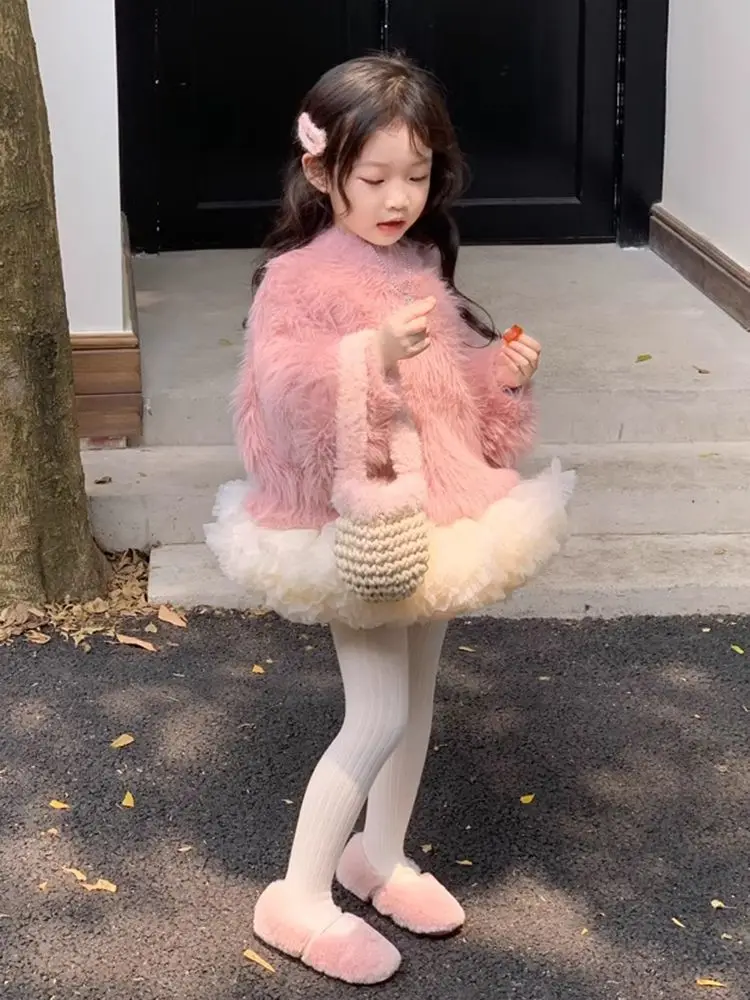 Корейский комплект детской одежды осень-зима 2024 новый розовый меховой топ для