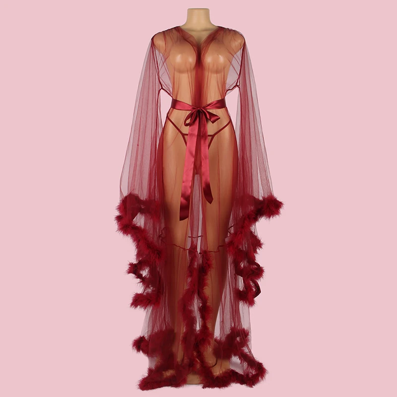 Robes Women Pajamas Set Multi-color Plus Size Transparent Satin Bathrobe V Neck Feather Sexy Lingerie Dress With Long Sleeves