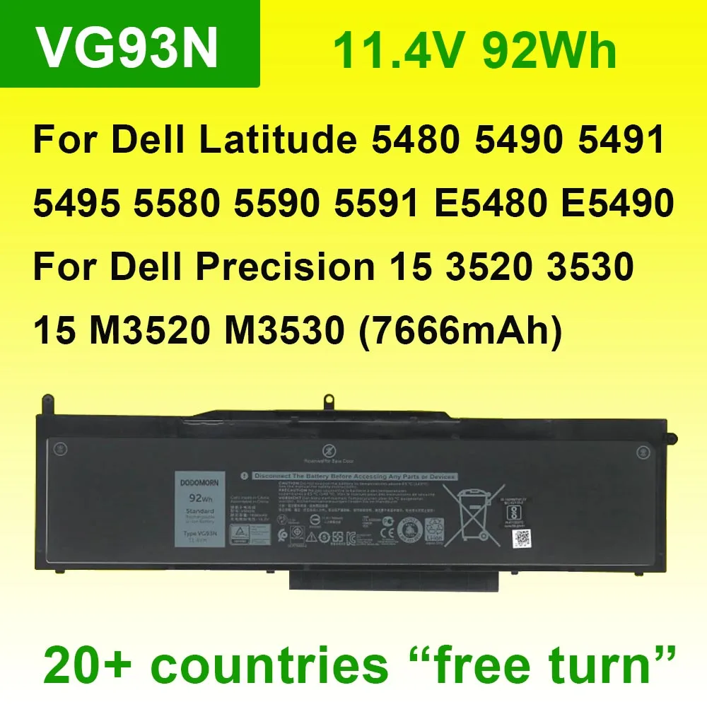 Аккумулятор для ноутбука VG93N DELL Precision 15 3520 3530 M3520 M3530 Latitude 5480 5490 5580 5491 5591 5495 серии 11 4