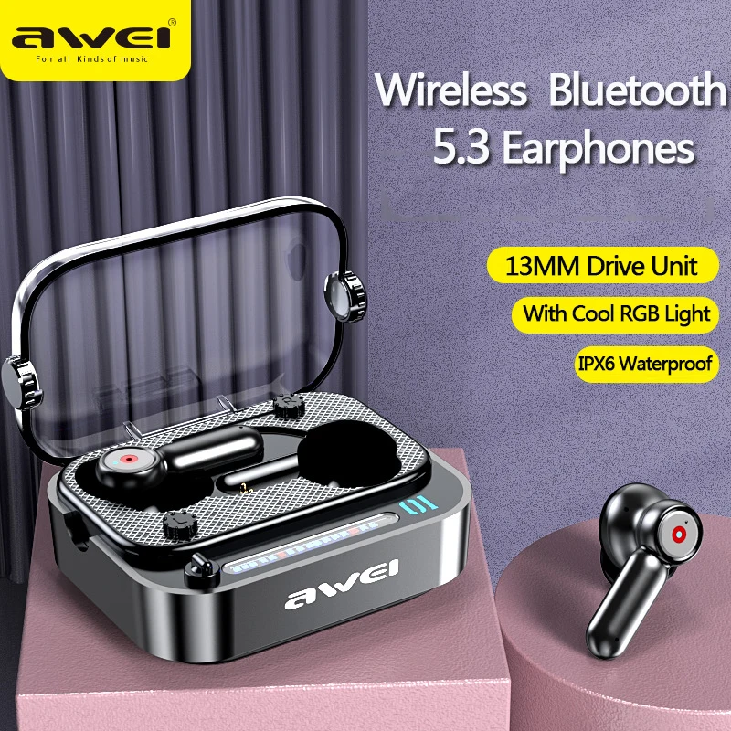 

Awei T58 Wireless Bluetooth 5.3 Earphones With RGB Light Headset Gamer Hifi Stereo Sound Creative Sports Headphones TWS Earbuds