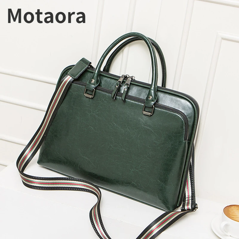 MOTAORA Green Genuine Leather Women Briefcase Fashion Business Woman Bag Office Bags For Macbook DELL HP 14 Inch Laptop Handbags