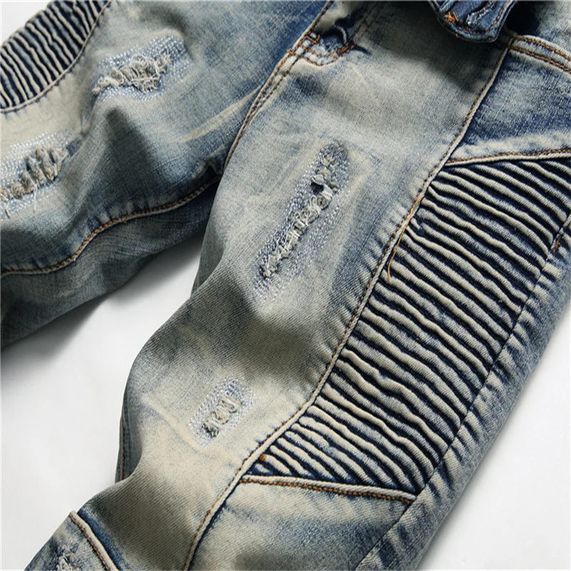 New Pleated Mens Clothing Trendy Streetwear Straight Leg Denim Pant Stretch Trousers Motorcycle Retro Vintage Biker Jeans Male