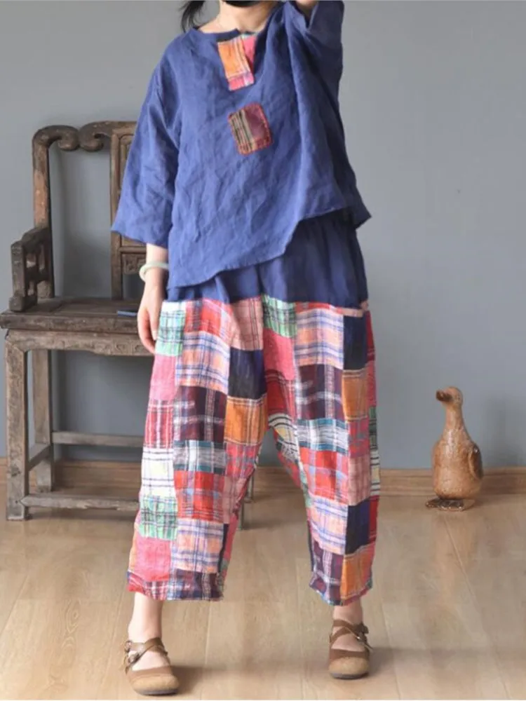 

Women Pants Pathcwork 2020 Summer Elastic Waist Original Retro Irregular Printing Loose Thin Ramie Large Size Women Trousers