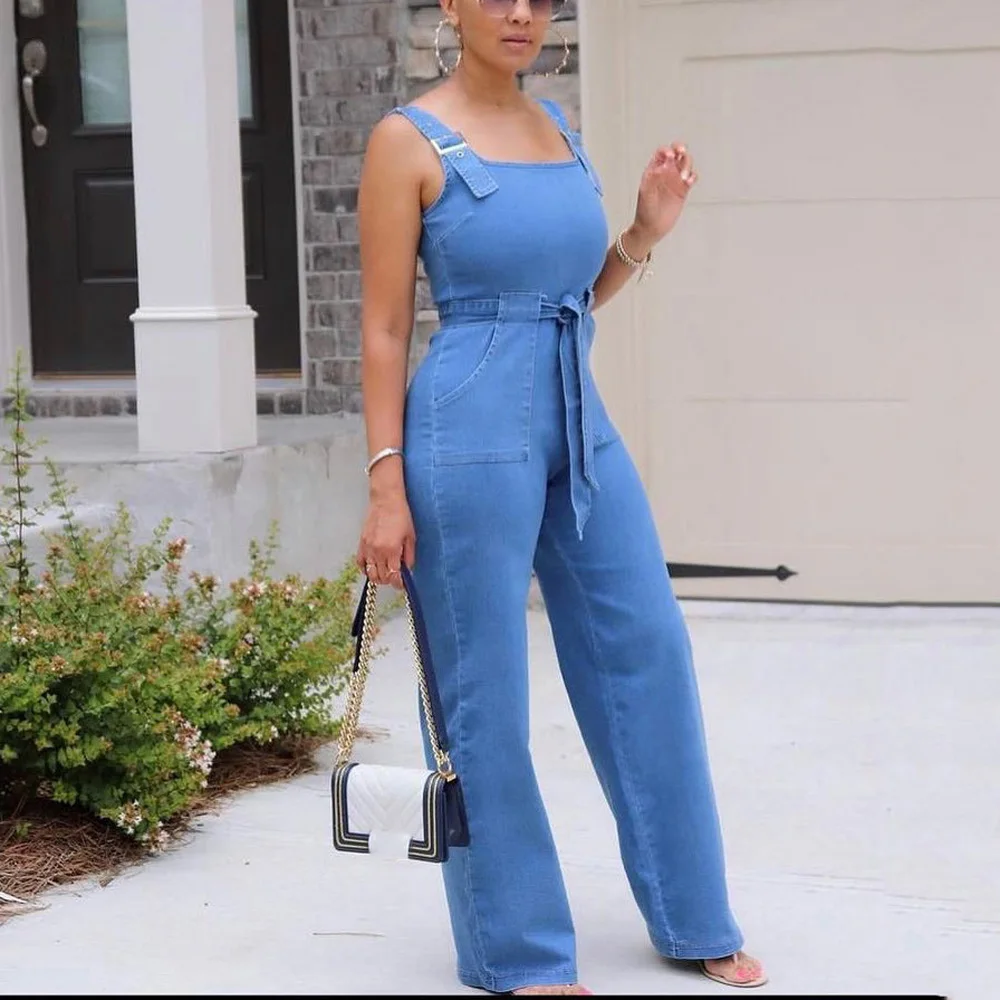 Jeans Jumpsuits & Rompers for Women Spaghetti Strap Square Neck High Waisted Solid Elegant Birthday Party Dinner Overalls Cloth
