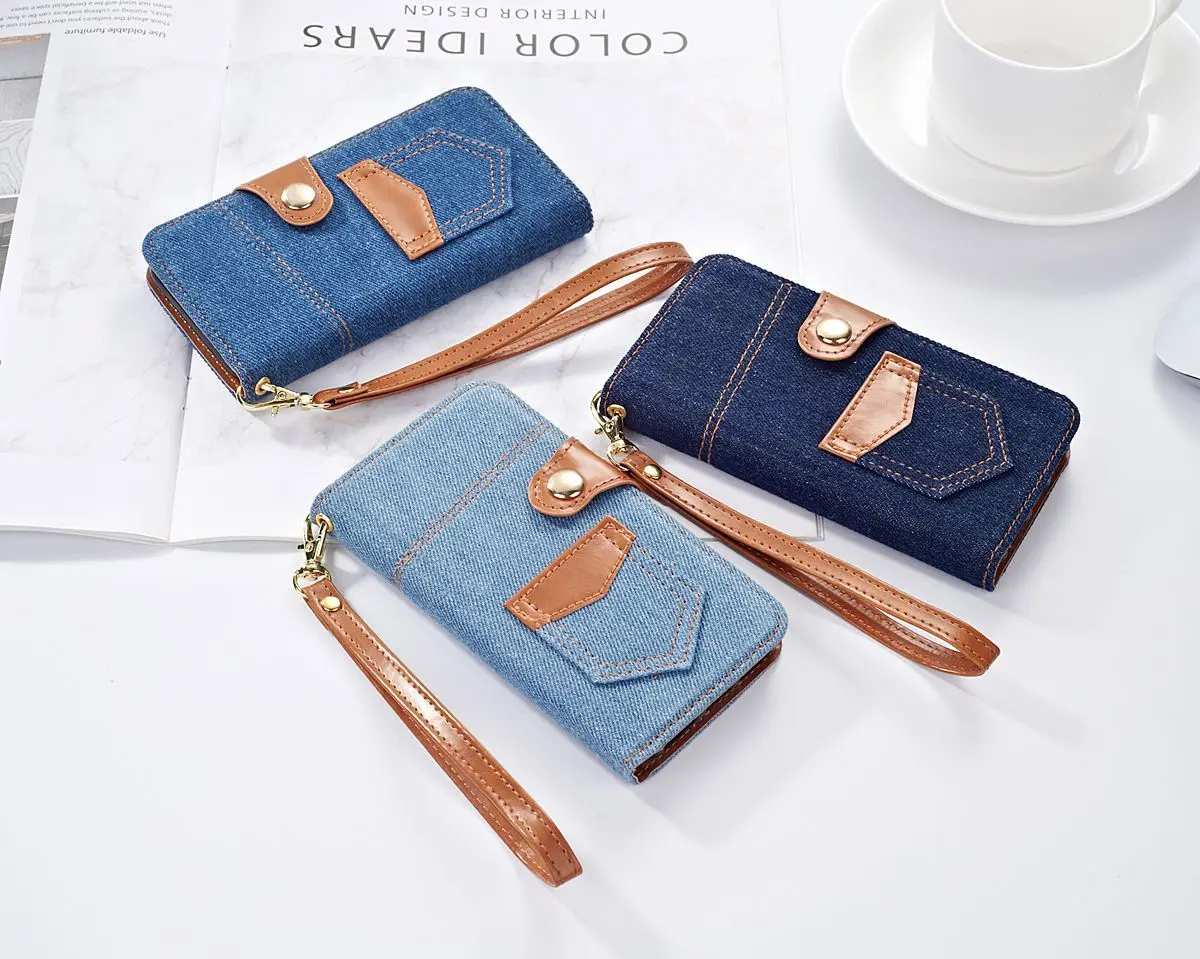 

Luxury Denim Contrast Color Phone Case for iPhone 14 12 Promax 13 11 XS XR 7 8 Plus Mini Card Pack Protective Holster Flip Cover
