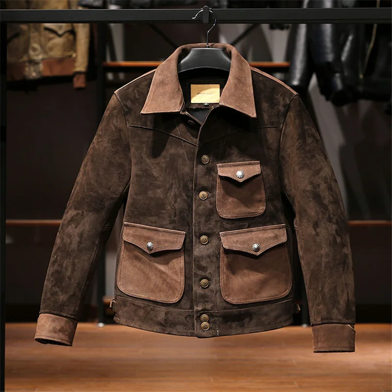 

Верблюжий Топ 2023 кожаная куртка с тремя карманами для мужчин Брендовое винтажное пальто размера плюс 6XL
