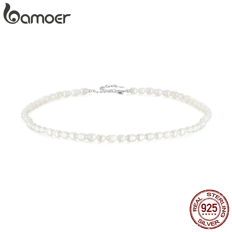 Bamoer 925 Sterling Silver Natural Pearl Necklace Irregular Fresh Water Pearl Neck Chain for Women Elegent Fine Jewelry BSN272