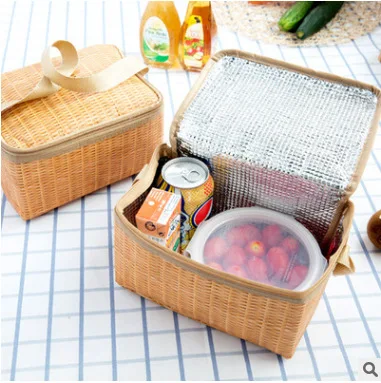 

1pcs/lot Artificial Rattan Lunch Bags Portable Insulated Box for Picnic Camping Food Container Thermal Cooler bag