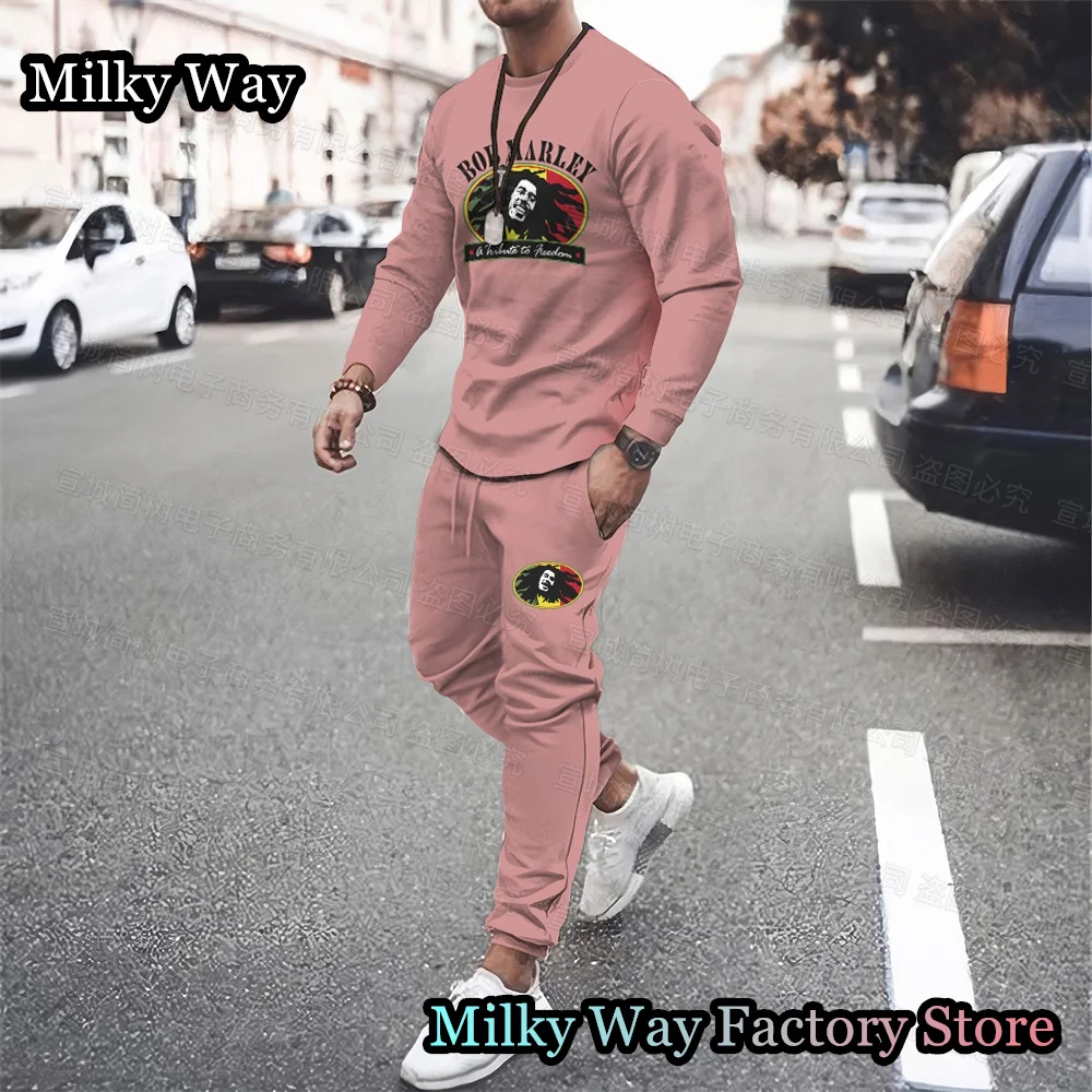Spring Men Bob Marley Tracksuit Fashion Long Sleeve T-Shirt Trousers Set Male Jogging Suit One Love Print Clothing Casual Outfit