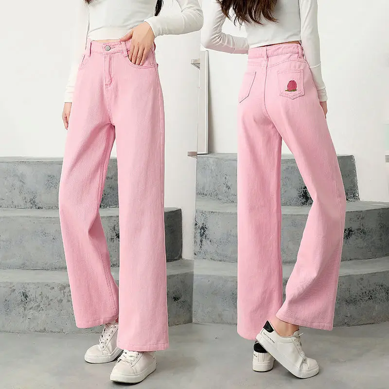 

2022 Spring Summer Women New Fashion Wide Leg Jeans Pants High Waist Slim Candy Color Casual Loose Straight Leg Pants