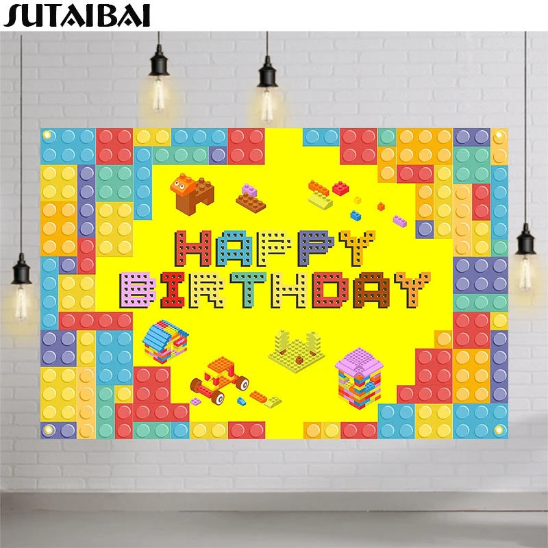 Enlarge Colorful Building Blocks Birthday Backdrop Build Blocks Theme Background Decorations for Boys Girls Photography Party Supplies