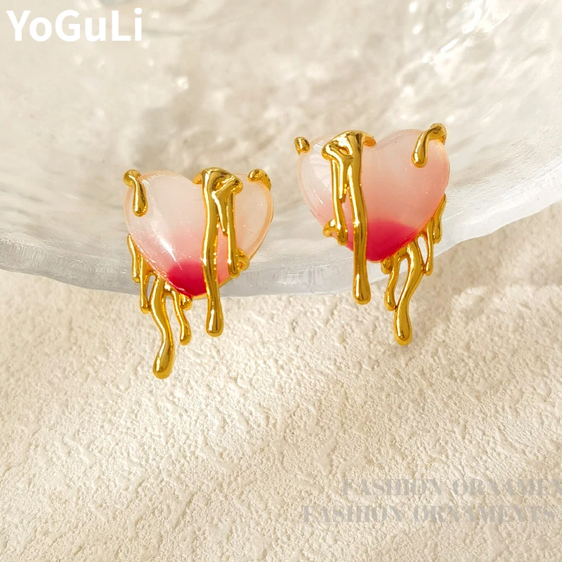 

Trendy Jewelry Pink Heart Earrings 925 Silver Needle Personality Design High Quality Copper Glass Stud Earrings For Women Gift