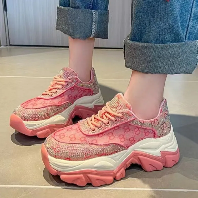 

Rhinestone Daddy Shoes Woman 2023 New Platform Women's Sneakers Breathable Thick Bottom Increased Pink Sports and Leisure Shoes