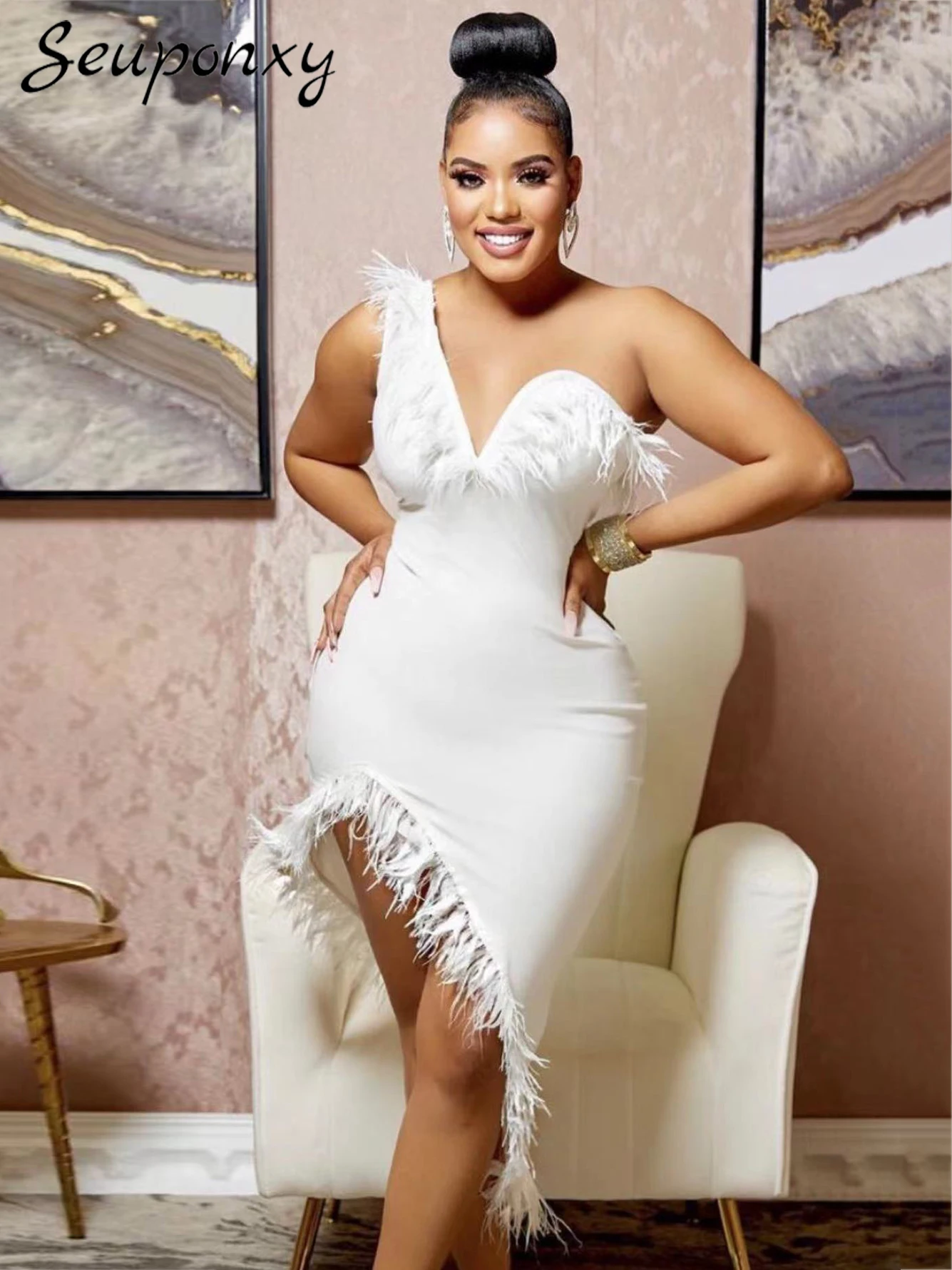 

High Quality White Feather 2022 Sexy One Shoulder Backless Bodycon Asymmetric Dress Womens Elegant Evening Party Club Vestidos