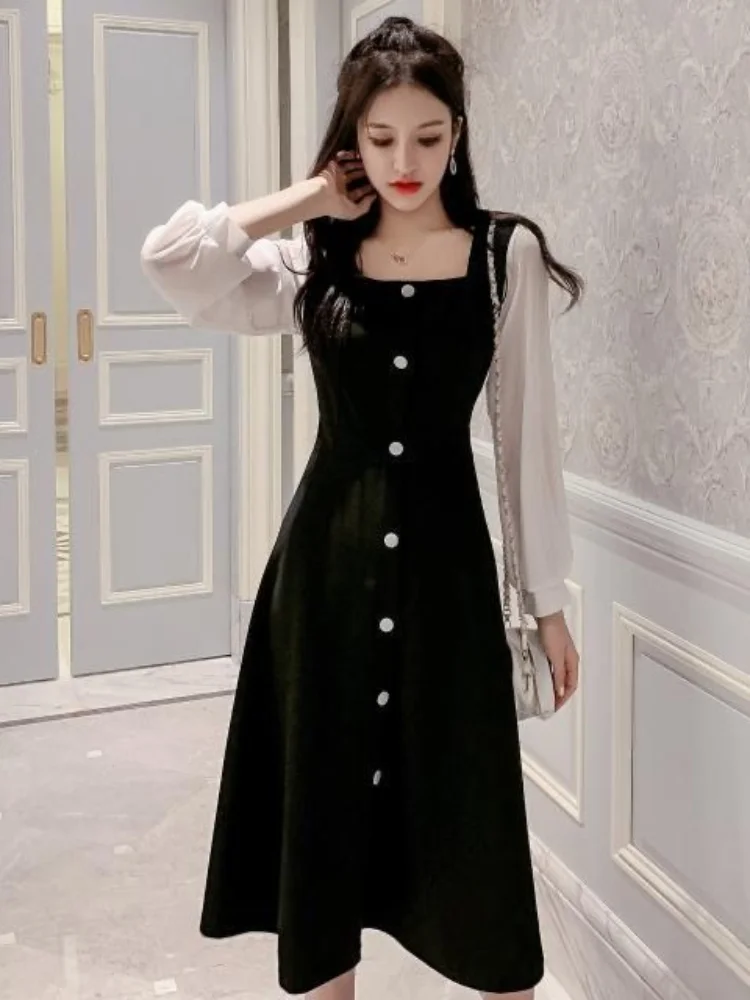 

Женское платье-миди с запахом, длинным рукавом и квадратным вырезом