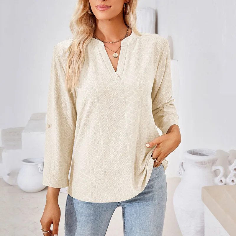 

T-shirt For Women 2023 Autumn New Solid Long Sleeve V-neck Button Straight Fashion Elegant Commute Casual T-shirt Female Clothes