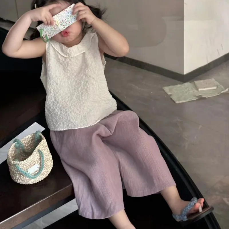 

Wide Leg Pants Casual Simple Loose Korean Ventilate Elastic Waist Coolness Solid Stirped Children Clothing Cotton