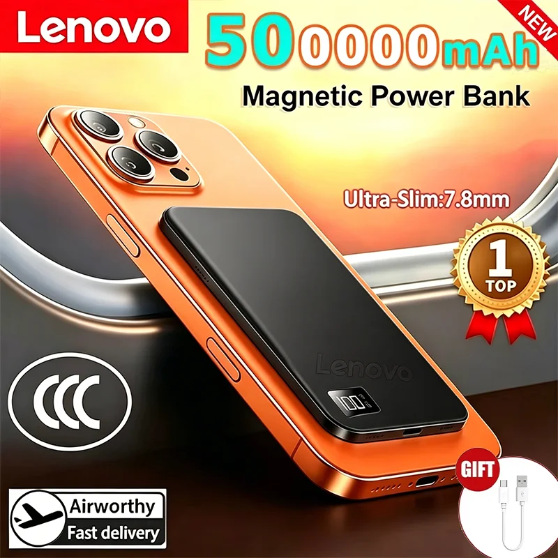 Фото Сертифицированный Lenovo 3C ультратонкий магнитный беспроводной внешний аккумулятор MagSafe на 500000 мАч с быстрой зарядкой и цифровым дисплеем №1