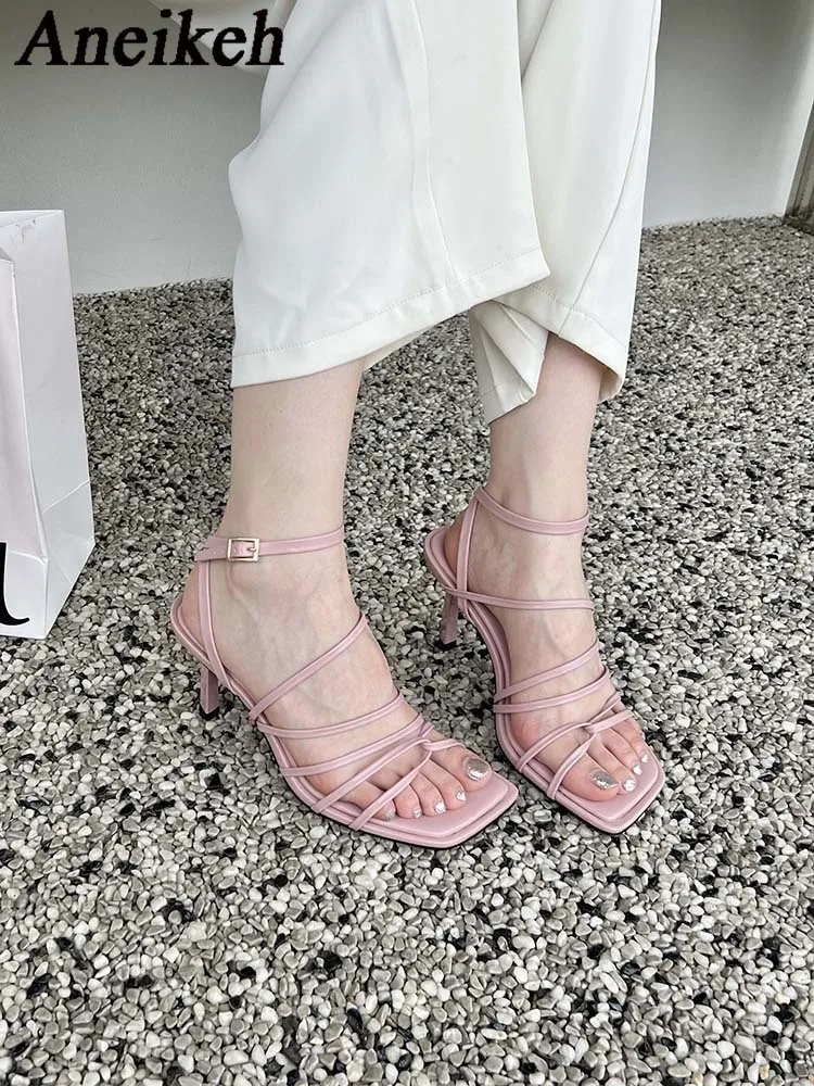

Aneikeh 2024 Patent Leather Narrow Band Crossover Design High Heels Women's Summer Square Head Thin Heel Sandals Party Wedding