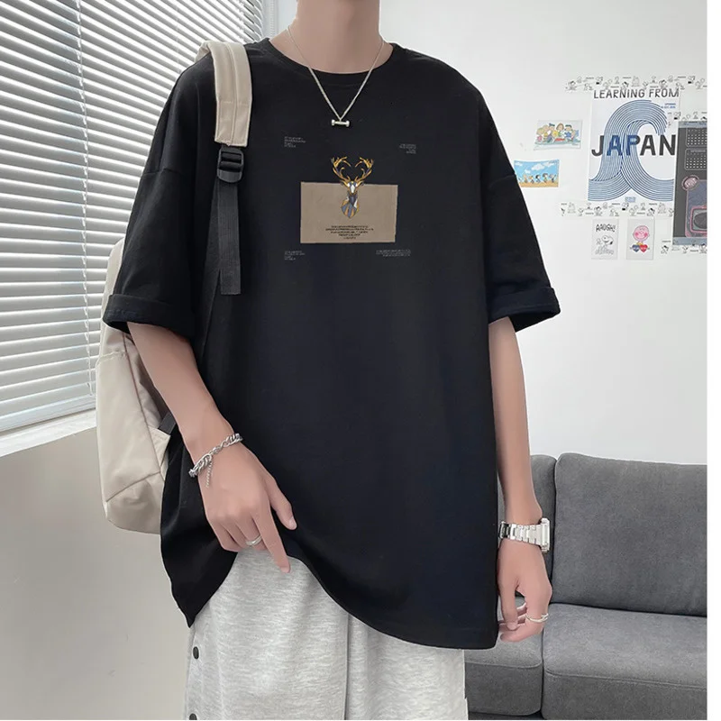 

Hybskr Deer Print Short Sleeve Men Tshirt Icon Tops Casual Oversized Male T Shirt Fashion Harajuku Cotton Men's Clothing