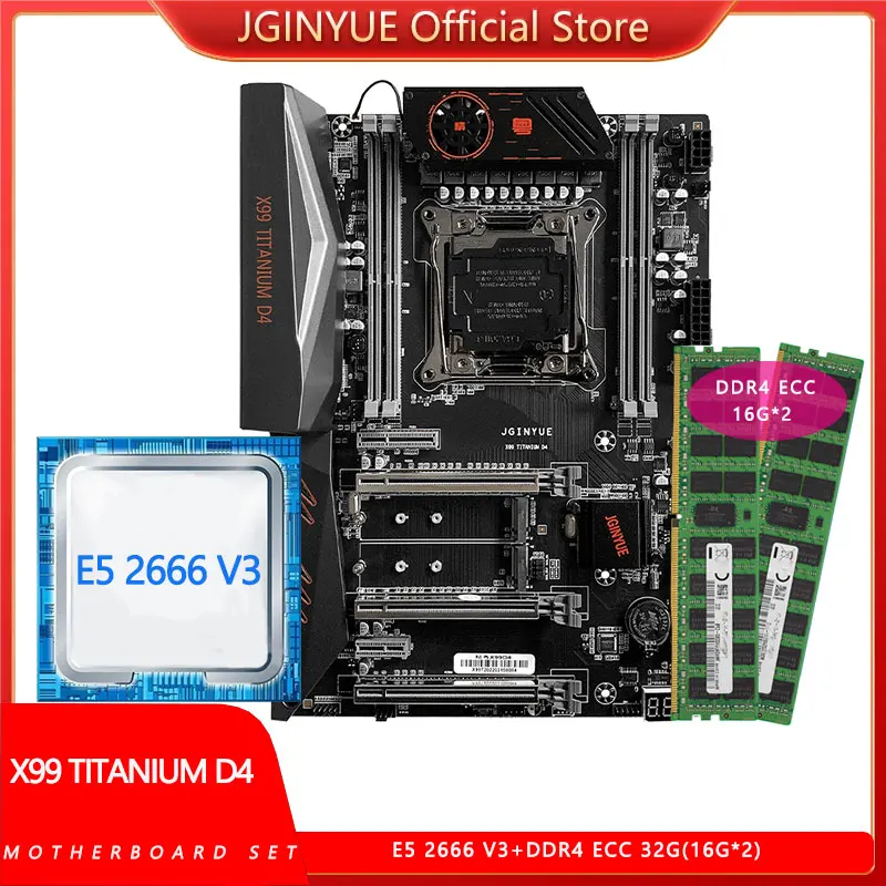 

JGINYUE X99 Motherboard Set Kit Combo With Xeon E5 2666 v3 Processor CPU and DDR4 ECC 32G(2*16) 2133Mhz RAM SATA X99 TITANIUM D4