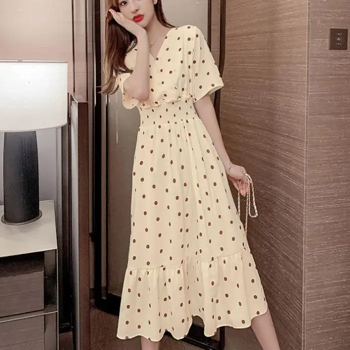 

Korean Style Clothing Long Chiffon Maxi Floral Dress Elegant Dot Print Long Sleeve Polka V Neck Elastic Waist Casual Dresses