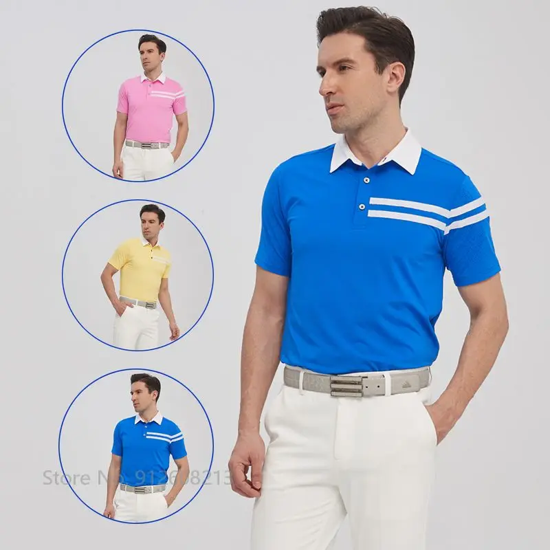 

Oclunlc Male Short-Sleeved Tops Quick Dry Elastic Golf Shirt Men Casual Breathable Tees Muscle Striped Golf Polo T-shirts S-XXL