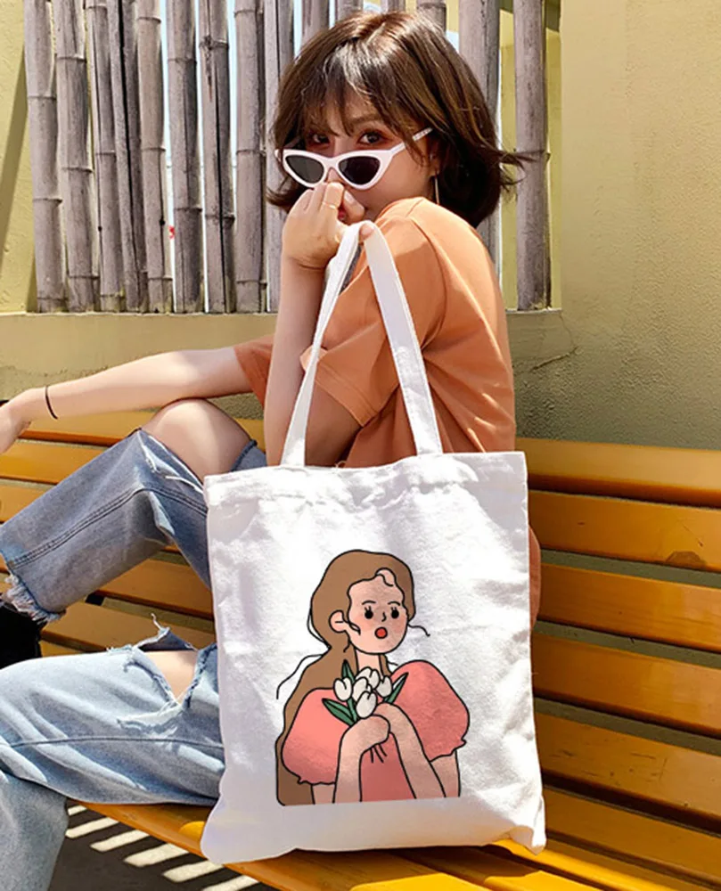 

Холщовая Сумка-тоут для покупок, модная женская сумочка на плечо с мультяшным принтом, тканевые мешки для книг, экологичные школьные сумки
