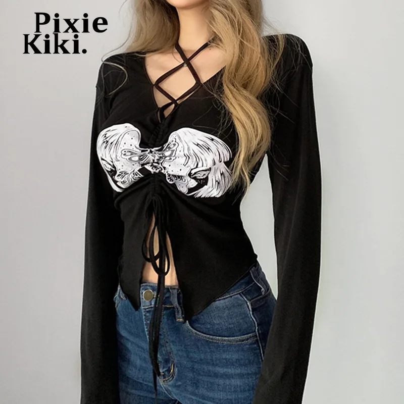 

Кроп-топ PixieKiki с V-образным вырезом и длинным рукавом, в стиле Харадзюку
