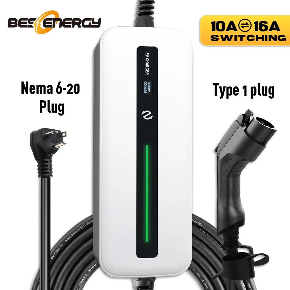 

Portable EV Charger 10/16A Switchable Type 1 NEMA6-20 Plug Level 2 Electric Car Charging Box 20Feet For SAE J1772 US Standard