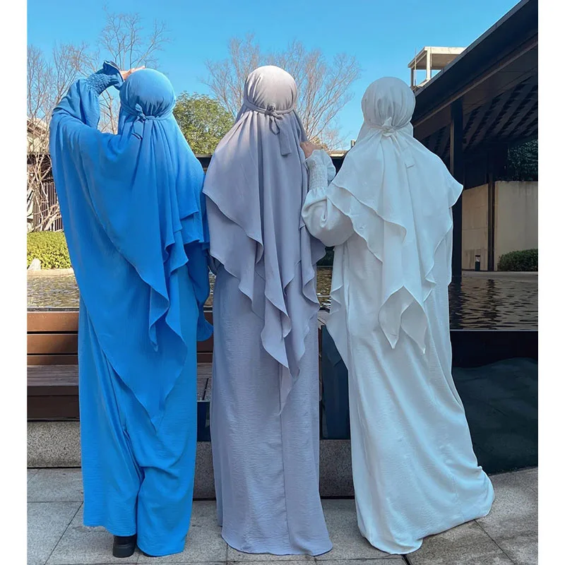 2 Layers Crepe Muslim Ramadan Islamic Clothing Solid Color Long Khimars Prayer Scarf Women Overhead Tie Back Hijab Niqab