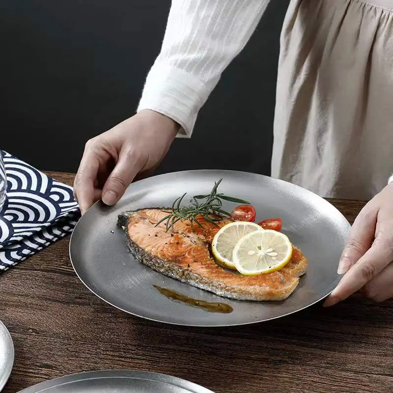 

Japanese Creative Retro Vintage Stainless Steel Round Plates Dinnerware For food Tableware Dishes For Serving Sushi/Pasta/Salads