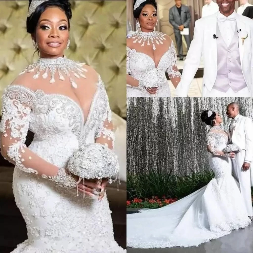 

Plus Size African Mermaid Wedding Dresses Nigerian Arabic High Neck Long Sleeve Lace Beadings Court Train Luxury Bridal Gowns