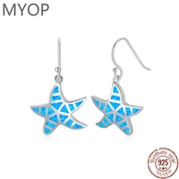 MYOP Real 925 Sterling Silver Female Cute Seafish Drop Earrings White Blue Opal Stone Sea Animal Earrings Charm Earrings